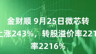 金财顺 9月25日微芯转债上涨243%，转股溢价率2216%